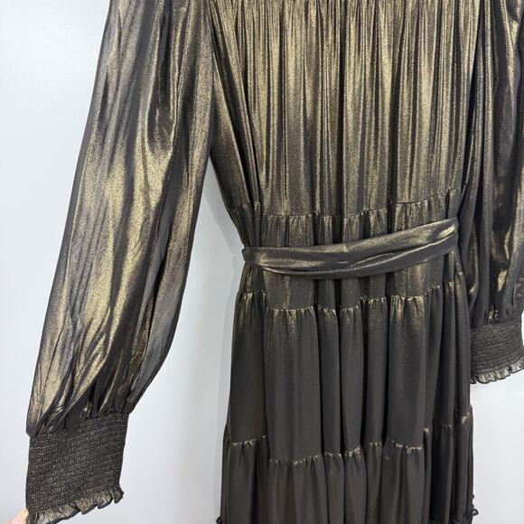 Smocked Tiered Alex Marie Gold Metallic High Neck Maxi Dress Size 10 Holiday - Picture 7 of 16